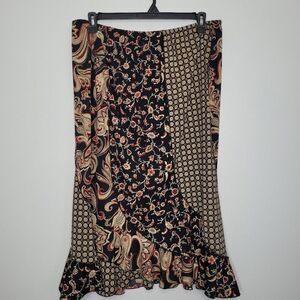 Vintage Outfit black tan red mixed print pull on ruffle artsy quirky skirt xl